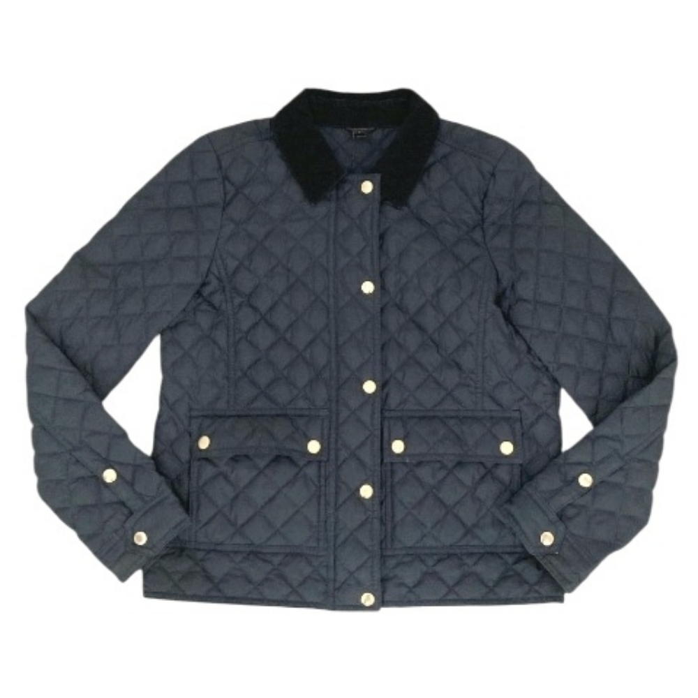 J. Crew Barn Quilted down Jacket Coat size S Navy Blue Corduroy collar Preppy - Picture 4 of 17